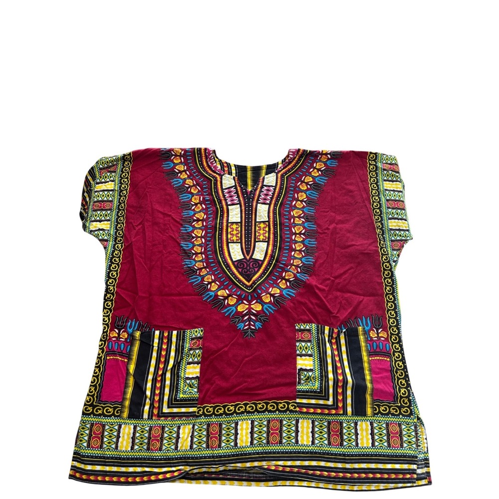 African Dashiki Print Tunic Top Burgundy Multicolor Boho Caftan Blouse Oversized